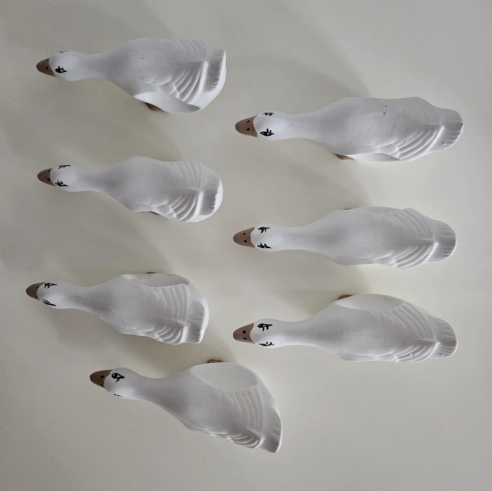 White Hand Painted Ceramic Goose Napkin Rings x 7
